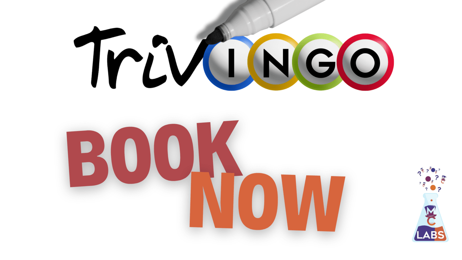 Marker pen writing the word "triviago" above the stylized text "book now" with a colorful logo and a character icon on the bottom right.