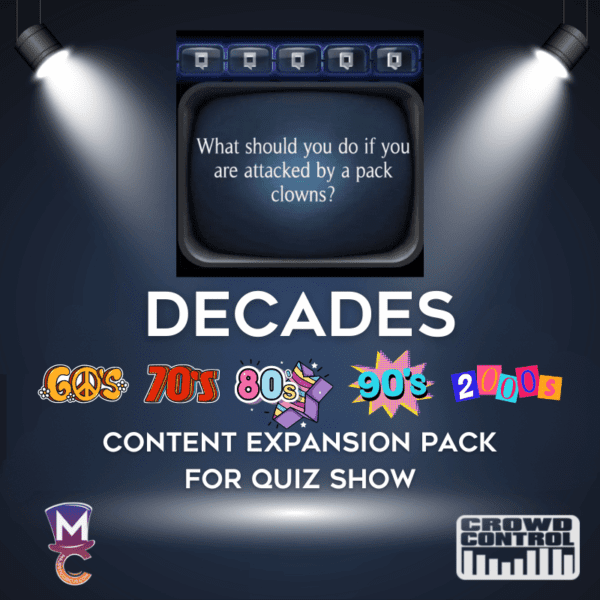 Promotional graphic for a DECADES Content Expansion Pack featuring trivia from the 60s to the 2000s for a quiz show game.