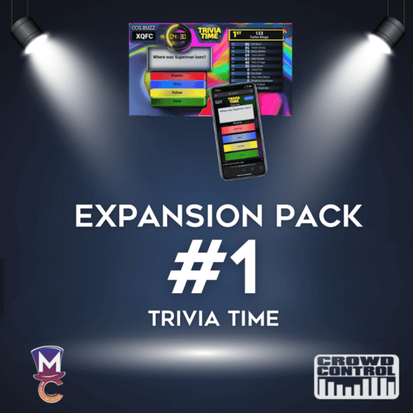 An advertisement for "Expansion Pack #1 for Trivia Time, Speed Trivia or Quiz Cam by Crowd Control Games" featuring a trivia game displayed on various screens.