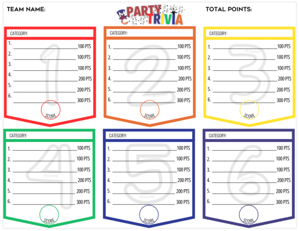 FREE Download - MC Party Trivia - Answer Sheet prepared for six rounds with spaces for team names and categories, featuring point values for each question.