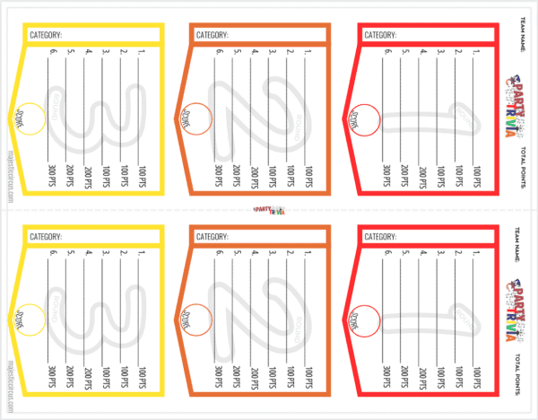 Six FREE Download - MC Party Trivia - Answer Sheet with spaces for players' names, positions, and other game statistics, each with a different color header.