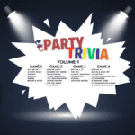 A graphic of a "MC Party Trivia - Volume 1" game box with spotlights highlighting four different trivia game categories.