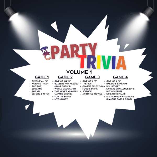 A graphic of a "MC Party Trivia - Volume 1" game box with spotlights highlighting four different trivia game categories.