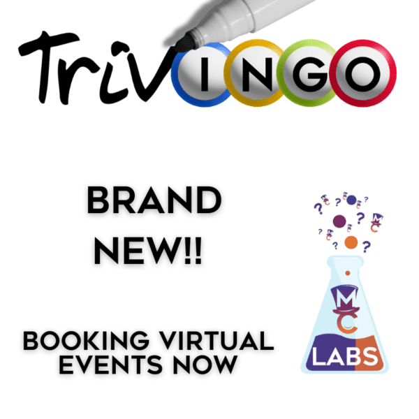 Promotional graphic for TRIVINGO featuring a logo, announcing new virtual event bookings.